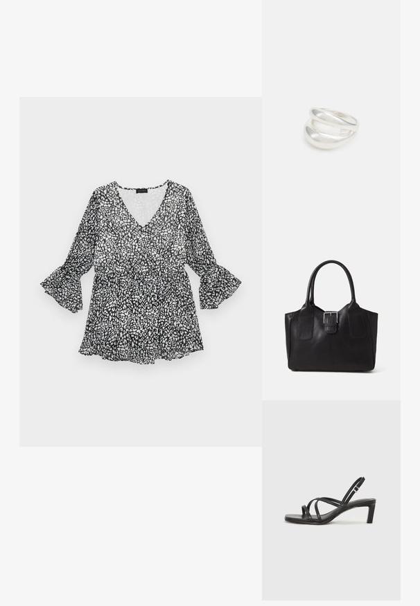Black and white patterned blouse with a V-neck, long bell sleeves, and a cinched waist. Lightweight, sheer material with a flowing silhouette.; Black strappy sandal with a square toe and a low block heel. Features multiple thin straps and an adjustable ankle strap. Made of smooth leather.; Black leather tote bag with smooth texture, structured shape, two handles, and a prominent silver buckle detail on the front.; Silver double-band ring with a smooth, polished surface. Features a fluid, curved design with overlapping sections for a modern look.