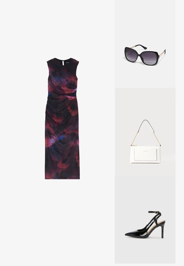 Haljina bez rukava do poda u tamnoj tkanini, sa apstraktnim crvenim i plavim cvjetnim uzorcima i nabranim detaljima sa strane.; Crne lakirane kožne cipele na visokom potplatu sa otvorenim petama, špicastim vrhom i podesivim remenom oko gležnja. Glatka tekstura.; Crne prevelike sunčane naočale s gradijentnim lećama, debelim okvirom i zlatnim lancem kao detaljem na krakovima.; Bijela kožna torba s teksturiranim završetkom, koja ima zlatni lančić i crne akcentne detalje. Uključuje prednji džep i zatvaranje na patentni zatvarač.