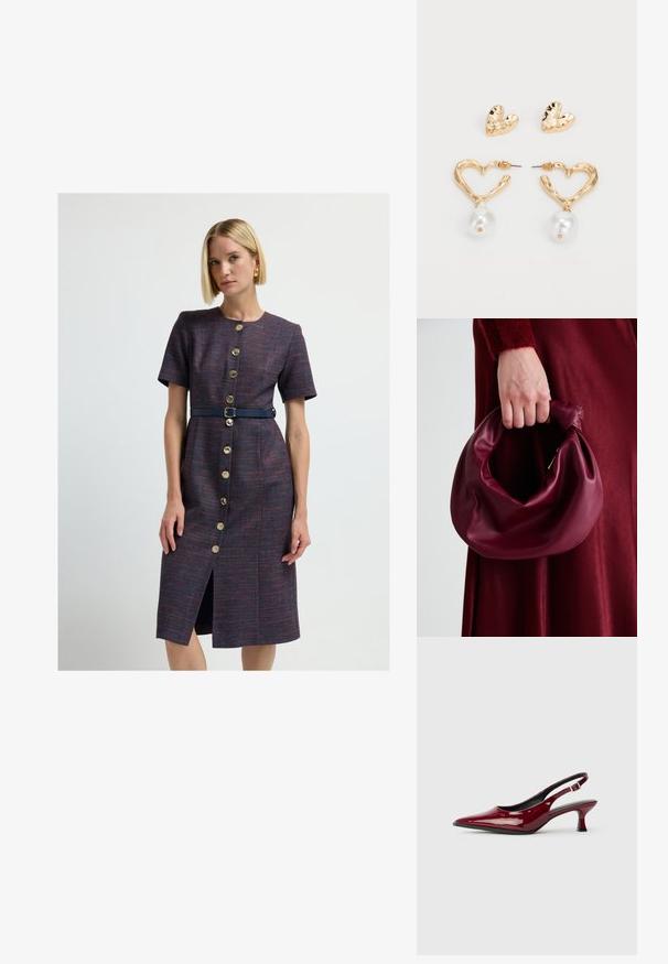 Nainen, jolla on lyhyet vaaleat hiukset, pukeutuneena polven pituiseen, lyhythihaiseen purppuramekkoon, jossa on kultanappisia yksityiskohtia ja laivastonsininen vyö, seisoo yksinkertaista taustaa vasten.; Burgundin värinen lakattu nahkainen slingback-malli, jossa on terävä kärki ja sleek-tukipohja. Avoin takasuunnittelu säätövaihtoehtoisella nilkkahihnalla.; Burgundy-nahkakäsilaukku, jossa on pehmeä, ryppyinen muotoilu ja pyöreä muoto. Kahva on kiinnitetty tukevasti, ja siinä on sileä pinta.; Kultaiset sydämenmuotoiset korvakorut, joissa on teksturoitu pinta ja roikkuva helmikoriste. Mukana on myös yhteensopivat sydänkorvakuulokkeet.