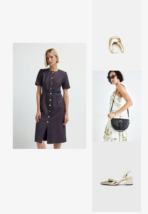 Nainen, jolla on lyhyet vaaleat hiukset, pukeutuneena polven pituiseen, lyhythihaiseen purppuramekkoon, jossa on kultanappisia yksityiskohtia ja laivastonsininen vyö, seisoo yksinkertaista taustaa vasten.; Kultaiset, metalliset slingback-kengät, joissa on teräväkärkiset ja paksut korot. Sileä pinta, minimalistinen muotoilu ja kapea hihna.; Musta nahkainen käsilaukku, joka on kaareva muotoilultaan, irrotettavalla hihnalla ja kultaisilla yksityiskohdilla. Laukussa on läppä, jossa on solk yksityiskohta.; Kultahipuinen korvakoru, jossa on sulavalinjainen, kaareva muotoilu. Ominaisuuksiin kuuluu erottuva terävä muoto, kiillotettu pinta ja sarana kiinnitys.