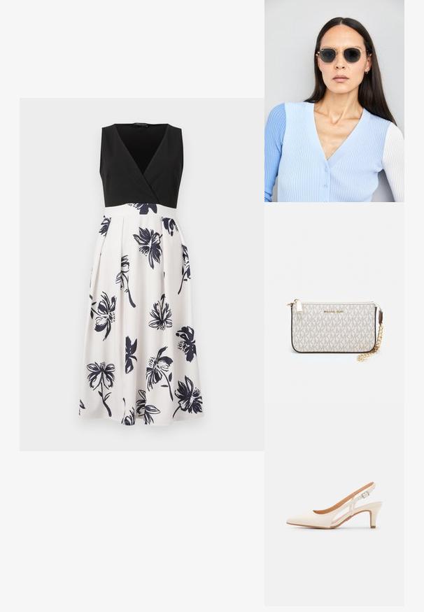 Ujj nélküli ruha fekete, V nyakú felsőrészből és fehér szoknyából, amelyet tengerészkék virágminták díszítenek. Az anyag sima, pliszírozott részletekkel.; Fehér slingback sarok, hegyes orral, sima felső anyaggal, alacsony blokk sarkával és oldalsó kivágott dizájnnal, állítható csatpánttal.; Kerek napszemüveg sötét lencsékkel és arany kerettel. A modellen világoskék, bordázott kardigán van gombokkal és kontrasztos fehér ujjaival.; Michael Kors bézs bevonatos vászon karkötő, amely ismétlődő MK logó mintával, aranyszínű fémrészletekkel és levehető lánchordóval rendelkezik.