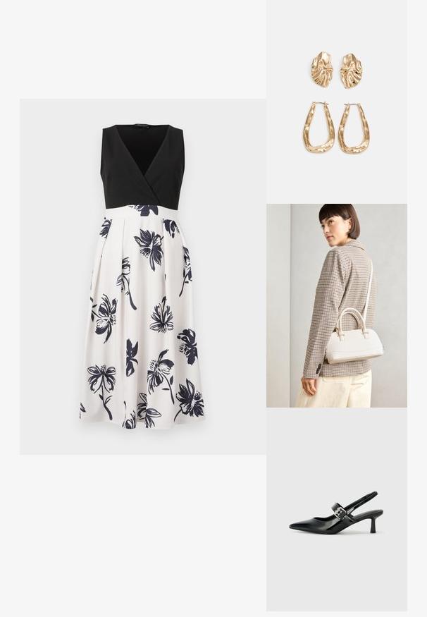 Vestido sem mangas com um corpete preto em forma de V e uma saia branca com padrões florais em azul-marinho. O tecido é suave e apresenta detalhes plissados.; Saltos slingback em verniz preto com bico pontiagudo e um pequeno salto bloco, apresentando um detalhe de fivela prateada na tira.; Bolsa estruturada branca com alças curtas e uma alça de ombro, com detalhes em hardware dourado e material texturizado, exibida contra um fundo cinza.; Brincos em tom de ouro com formas onduladas e texturizadas. Inclui studs escultóricos com presilha e um design de argola aberta com um acabamento martelado.