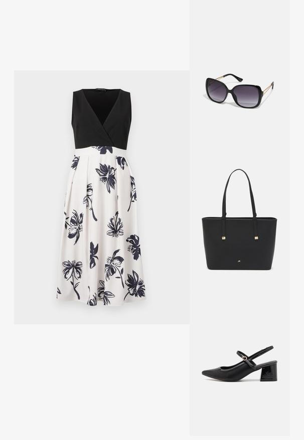 Kratka obleka brez rokavov z črnim bodijem v obliki črke V in belim krilom, okrašenim z mornarsko modrimi cvetličnimi vzorci. Tkanina je gladka z naborki.; Črne patentne usnjene salonarce s slingback obliko, s koničastim nosom, zaobljenim izrezom in blok peto. Imajo zlato kovinsko zaponko kot dodatno okrasje.; Črne prevelike sončne očala z degradacijskimi lečami, debelimi okvirji in zlatimi verižicami na ročajih.; Črna torba iz sintetičnega materiala, preproste pravokotne oblike, z zlatimi kvadratnimi detajli in dvojnih ročajem.