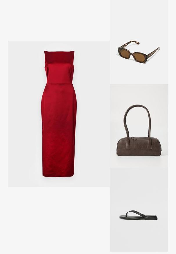 Raudonas satino midi suknelė su struktūrizuotu valtiniu kaklu, prigludusia liemene ir lygiu, blizgiu paviršiumi. Suknelė baigiasi po keliu.; Juodos šlepetės, pagamintos iš lygios odos, su plona dirželių konstrukcija ir plokščiu padu, turinčiu minimalų profilį. Be pastebimų raštų ar akcentų.; Kare klasikinės saulės akinių rėmeliai su apvalia, didesne forma ir rudais objektyvais. Yra subtilių raštų ir tiesių, siaurėjančių šonų.; Ruda odinė rankinė su dviem tvirtais rankenėlėmis, stačiakampio formos, lygi tekstūra ir užtrauktuku. Minimalistinis dizainas be matomų raštų.