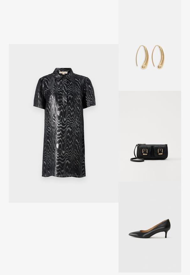 Knee-length sortermet, svart kjole med et glimrende, bølgete sølvmønster. Har kragehals og myk tekstur.; Sorte lærpumpe med spiss tå, lav hæl og en glatt tekstur. Har en liten åpning foran og minimalt med beslag bak.; Svart skinn crossbody veske med to frontlommer, gyldne spenner, glidelåslukking og en slank stropp. Teksturert overflate og kompakt rektangulær form.; Gullfargede metalløredobber med en buet, forlenget form. Har en jevn, blank overflate og en avrundet tupp for ekstra detaljer.