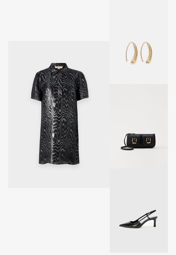 Vestido preto de mangas curtas com um padrão prateado ondulado e cintilante. Apresenta um decote com gola e uma textura suave, com um corte até ao joelho.; Salto slingback em patente preta com bico apontado, apresentando um padrão de pele de cobra texturizado, tira ajustável e um salto bloco curto e texturizado.; Bolsa de ombro em couro preto com dois bolsos frontais, fivelas douradas, fecho de zíper e uma alça fina. Superfície texturizada e forma retangular compacta.; Brincos em metal dourado com forma de arco alongado e curvado. Apresentam uma superfície lisa e brilhante, com uma ponta arredondada para um detalhe adicional.