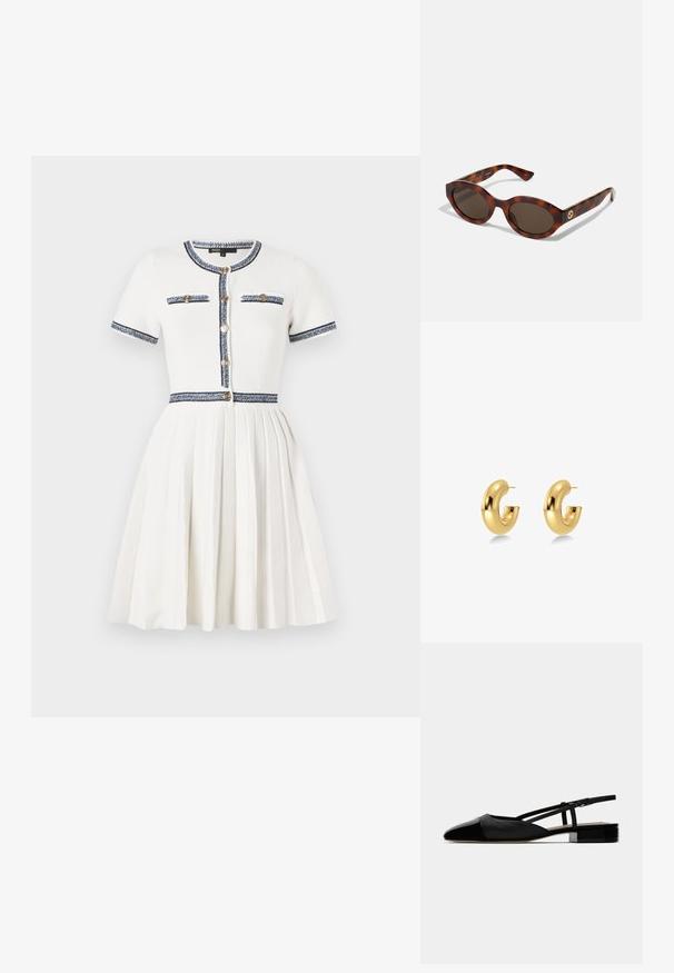 Maje RIRSALINETTE - Jurk - ecru; Zwarte leren slingback ballerina's met een spitse neus, gesloten vamp en verstelbare enkelband. Voorzien van een lage, vierkante hak. Gladde textuur.; Schildpadbril met ronde montuur, donkere lenzen en gouden logo-detailering op de achterste pootjes. Glad kunststof materiaal, zonder zichtbare patronen.; Goudkleurige creolen met een glad, rond ontwerp, voorzien van een C-vorm en een gepolijste afwerking voor een reflecterende uitstraling.