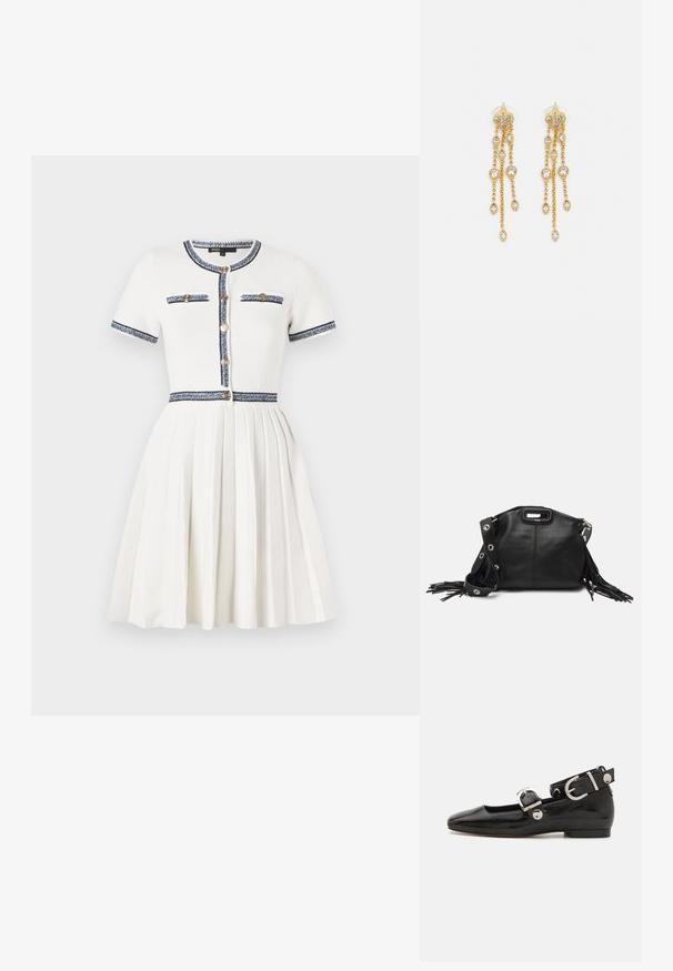 Maje RIRSALINETTE - Vapaa-ajan mekko - ecru; Musta patenttinahkainen tasapohjainen kenkä suoralla varvastyöllä, nilkkahihna hopeisilla yksityiskohdilla ja tasainen pohja. Sileä pinta ja minimalistinen muotoilu.; Maje MISS MINI - Olkalaukku - noir; Kultaketjua roikkuvat korvakorut, joissa on useita putoavia ketjuja, ja selkeitä ovaaleja rhinestone-akselteja sekä koristeelliset niittitoppaukset.