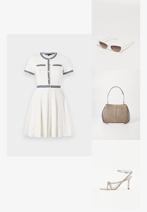 Maje RIRSALINETTE - Vestido informal - ecru; Sandalía blanca de tacón alto con una tira texturizada que cuenta con strass, diseño de punta abierta y correa para el tobillo con hebilla ajustable.; Gafas de sol blancas con marco rectangular y lentes de tono marrón degradado. Cuentan con una textura de plástico suave y un logo en el lado de la patilla.; Tommy Hilfiger CASUAL SHOULDER BAG - Bolso de mano - coastal taupe