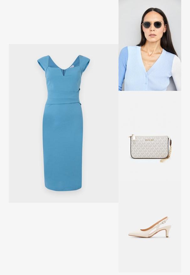 Mėlyna prigludusi suknelė su V formos iškirpte, trumpomis rankovėmis ir struktūrizuotu juosmeniu. Lygus audinys ir kelių ilgio dizainas su paslėptu užtrauktuku.; Balti slingback kulniukai su smailiu pirštu, lygia viršutine medžiaga, žemu blokuotu kulnu ir šoniniu išpjovimu su reguliuojamu sagtimi.; Apskriti saulės akiniai su tamsiais objektyvais ir auksiniais rėmeliais. Modelis vilki šviesiai mėlyną, raukinį kardiganą su mygtukais ir kontrastingomis baltomis rankovėmis.; Michael Kors rankinė smėlio spalvos dengto kanvoje su pakartotiniu MK logotipo raštu, auksinėmis detalėmis ir nuimamu grandininiu dirželiu.