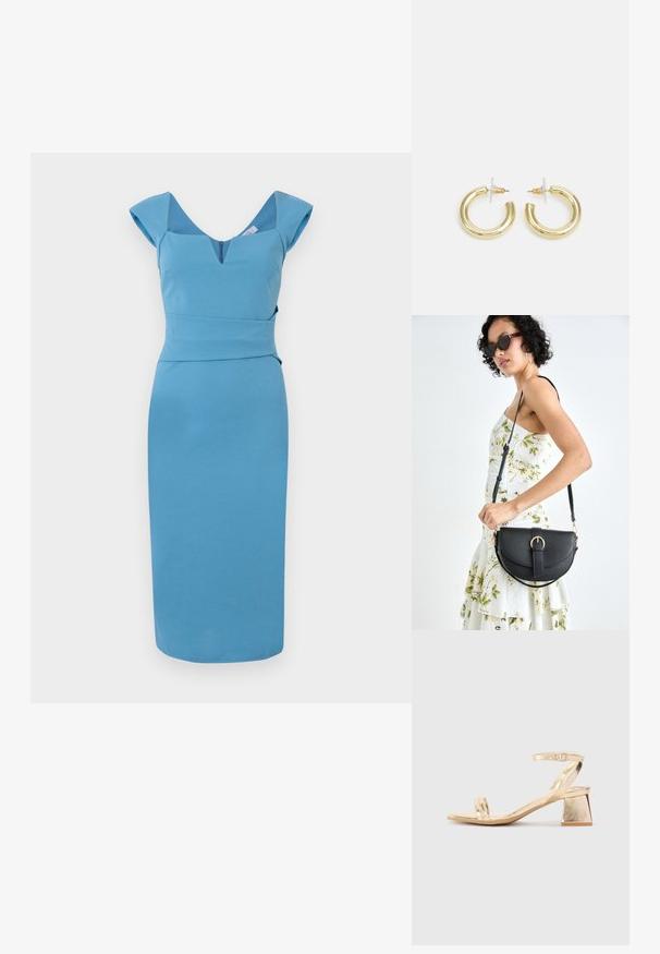 Vestido azul justo com decote em v, mangas curtas e cintura estruturada. Textura suave e design até ao joelho com fecho oculto.; Sandalha metálica dourada com um salto em bloco angular, duas tiras sobre o pé e uma tira ajustável no tornozelo. Textura suave.; Bolsa de couro preta com forma curva, alça destacável e detalhes em dourado. A bolsa possui uma aba com detalhe de fivela.; Brincos em argola dourados com um acabamento liso e brilhante. Design circular com um pequeno pino e suporte transparente para um uso seguro.