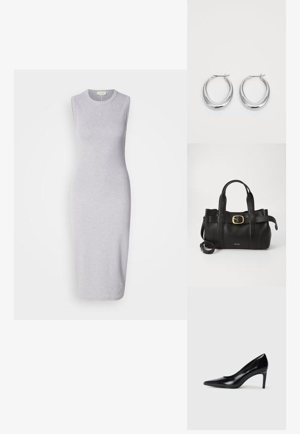 Grå, ermeløs midikjole laget av bomullsblandingsstoff. Har rund halslinning og subtil logo detaljer på brystet. Glatt tekstur.; Sorte skinnhøye hæler med spiss tå, glatt tekstur og avsmalnet hæl. Minimalistisk design, ingen ekstra dekorasjoner.; Svart lærveske med en strukturert design, doble topphåndtak, gullfarget spenneakent og preget merke-logo foran.; Et par polerte sølv halvmåne hoop øredobber med hengselspenner på hvit bakgrunn.