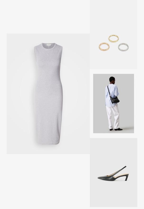 Szara, bezrękawnikowa sukienka midi wykonana z tkaniny z mieszanki bawełny. Posiada okrągły dekolt oraz subtelny detal z logo na piersi. Gładka tekstura.; Czarny but na obcasie typu slingback z ostro zakończonym noskiem, z niskim obcasem, wykonany z gładkiej skóry, z wycięciem po boku dla lepszej wentylacji.; Czarna skórzana torba na ramię o miękkiej fakturze, w kształcie trójkąta, z regulowanym paskiem, połączona z jasnoniebieską koszulą w paski i białymi spodniami.; Trzy metalowe pierścienie: jeden w różowym złocie, jeden złoty z teksturowanymi akcentami, oraz jeden srebrny, wszystkie z wygrawerowanym brandingiem na wewnętrznej stronie.