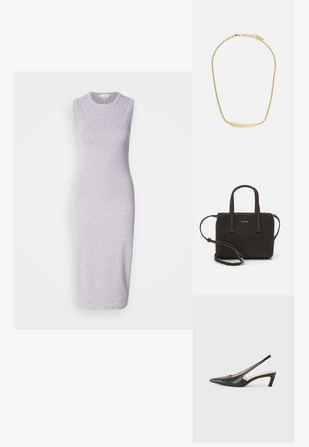 Grå ärmlös midiklänning i bomullsblandat tyg. Har en rund halsringning och diskret logotypdetalj på bröstet. Slät textur.; Svart spetsig slingback-sko med låg klack, som har ett slätt lädermaterial och utskärningsdesign på sidan för andningsförmåga.; Svart handväska med dubbla korta handtag och ett avtagbart axelband. Slät läderliknande material med dragkedjestängning och logodetalj.; Guldpläterat halsband med en slät, böjd central accent. Har en flexibel kedja med en kräfta-stängning och ytterligare justerbara kedjelänkar.