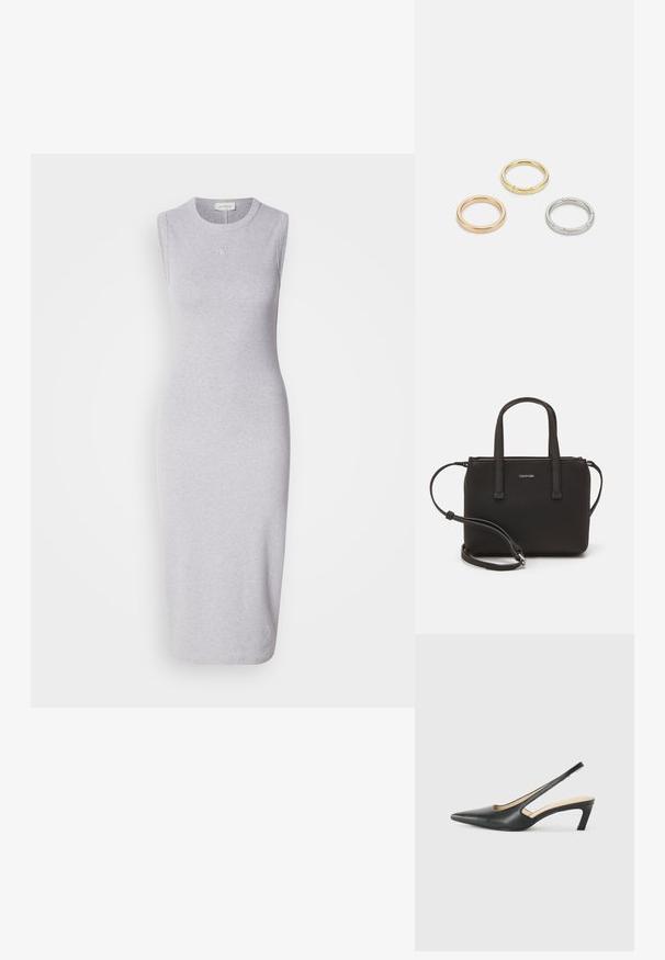 Siva brezrokavna midi obleka iz mešanice bombaža. Ima okroglo izrez in diskreten logotip na prsih. Gladka tekstura.; Črne čevlje s koničastimi nosovi in slingback obliko z nizko peto, izdelane iz gladke usnjene materiale ter s črtasto zasnovo na strani za prezračevanje.; Črna torbica z dvema kratkima ročajema in odstranljivim naramnim trakom. Gladek usnju podoben material z zadrgo in podrobnostmi z logotipom.; Trije kovinski prstani: eden rožnato zlati, eden zlat z teksturiranimi detajli in eden srebrn, vsi z vgraviranim logotipom na notranji strani.