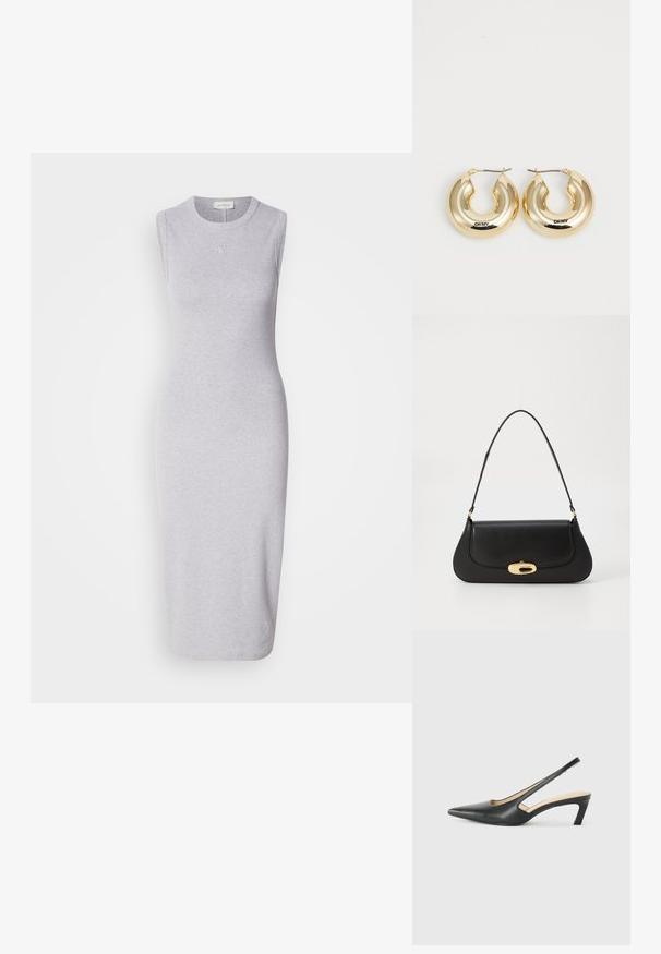 Pelēks bezpiedurkņu midi kleita, izgatavota no kokvilnas un sintētiskās šķiedras maisījuma. Iezīmē apaļu dekoltē un smalku logo detaļu uz krūšu. Gluda tekstūra.; Melna, ar smailu purngalu, slingback kurpe ar zemu papēdi, izgatavota no gludas ādas materiāla un ar izgriezumiem sānos gaisa caurlaidībai.; Melna ādas rokassoma ar izliekta dizaina elementiem, zelta krāsas detaļām un augšējo rokturi. Iezīmējas ar elegantu aizdari un gludu faktūru.; Zelta pīrsinga auskari ar gludu, noapaļu dizainu un spīdīgu apdari, ar aizdari drošai piestiprināšanai. Iegravēti ar "DKNY."