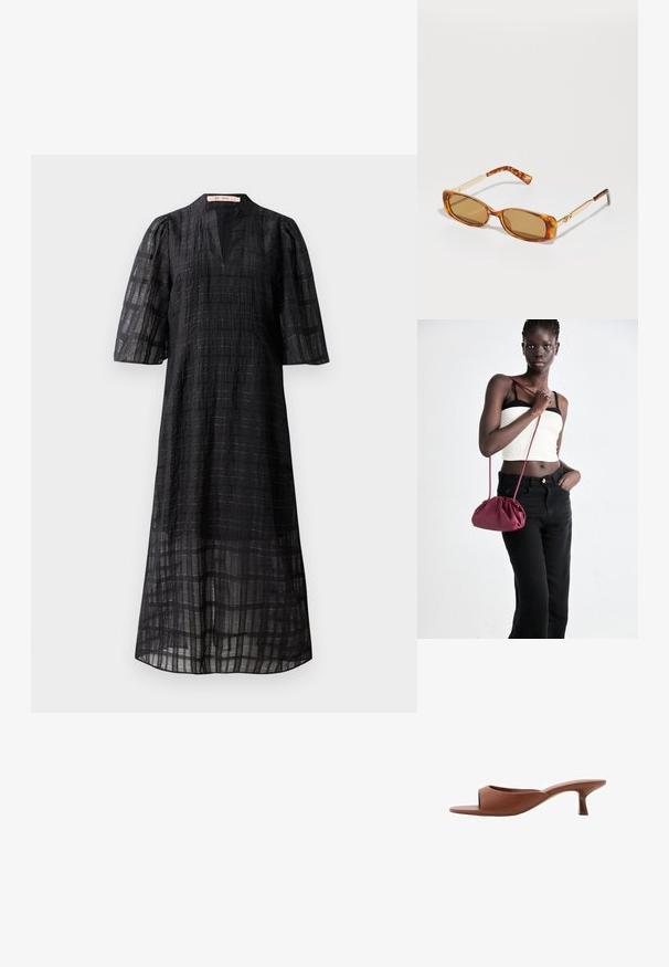 Crna haljina s teksturiranim materijalom s uzorkom mreže, V-izrezom i napuhanim kratkim rukavima, koja pada ispod koljena.; Smeđe sandale s otvorenom nožnom prstom i potpeticom, s glatkom, mat završnom obradom, koje imaju zakrivljen dizajn i prozirnu, suženu potpeticu.; Smeđe kornjačaste sunčane naočale s pravokutnim okvirima, zlatnim metalnim rukama i svijetlosmešnim staklima. Modernog dizajna, bez vidljivih logotipa.; Bordo mekani torbeni sakupljenog dizajna s dugom trakicom, nošenom preko tijela. Model nosi bijelu kratku majicu i crne traperice.