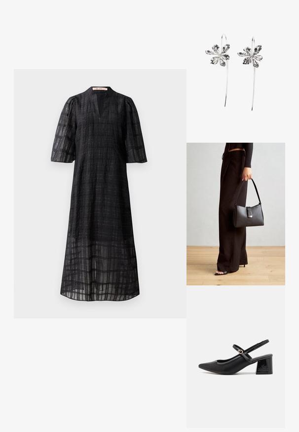 Vestido preto com um tecido texturizado com um padrão em grelha, decote em V e mangas curtas bufantes, caindo abaixo do joelho.; Sabrinas de cerâmica preta com salto bloco, bico apontado e um design com recortes arredondados. Apresenta um detalhe em fivela de tom dourado.; Bolsa preta com forma estruturada, textura suave e um fecho metálico. Combinada com calças largas pretas e sandálias de salto aberto sobre um chão de madeira.; Brincos em forma de flor prateados com um acabamento texturizado, apresentando ganchos longos e detalhes semelhantes a pétalas para um design intrincado.