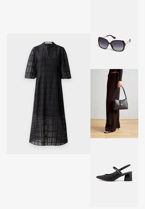 Vestido preto com um tecido texturizado com um padrão em grelha, decote em V e mangas curtas bufantes, caindo abaixo do joelho.; Sabrinas de cerâmica preta com salto bloco, bico apontado e um design com recortes arredondados. Apresenta um detalhe em fivela de tom dourado.; Óculos de sol oversized pretos com lentes degradê, armações grossas e detalhes em corrente dourada nas hastes.; Bolsa preta com forma estruturada, textura suave e um fecho metálico. Combinada com calças largas pretas e sandálias de salto aberto sobre um chão de madeira.