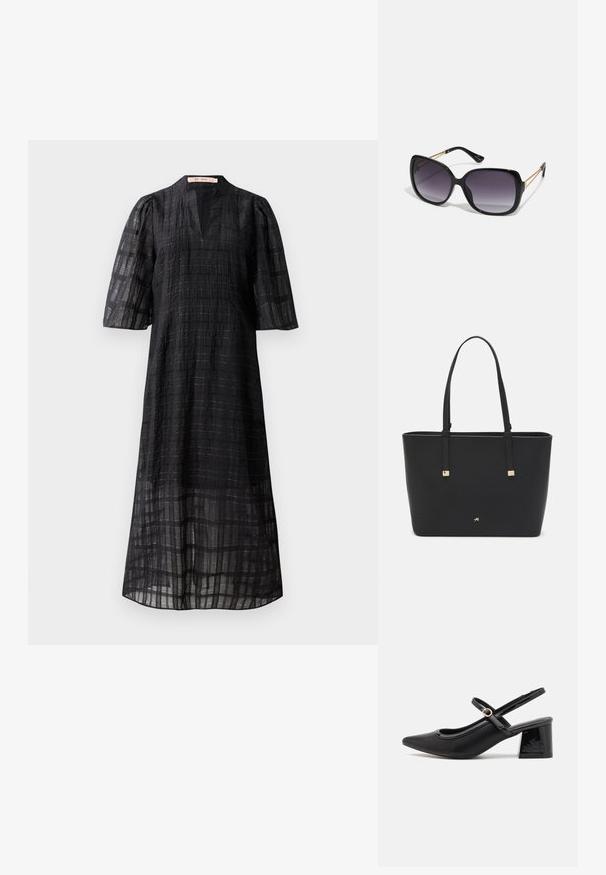 Black dress featuring a textured fabric with a grid pattern, a V-neckline, and puffed short sleeves, falling below the knee.; Black patent leather slingback heels with a pointed toe, a rounded cutout design, and a block heel. Features a gold-tone buckle accent.; Black oversized sunglasses with gradient lenses, thick frames, and gold-tone chain detailing on the temple arms.; Black tote bag made of synthetic material, featuring simple rectangular design, gold square accents, and double handles.