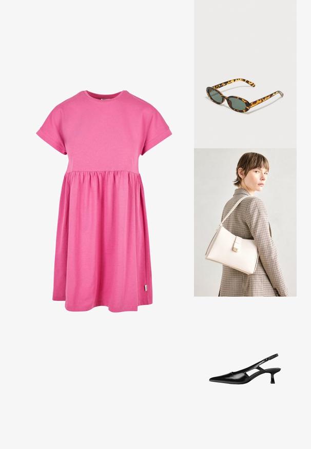 Rosa bomulls klänning med korta ärmar, rund halsringning och samlad midja. Kjolen flödar mjukt, med en något rundad avslutning.; Svart lackläder slingback-klackar med spetsig tå, utskuren sidor och en liten fyrkantig klack. Slät textur med minimala accenter.; Sköldpaddsmönstrade solglasögon med ovala bågar, mörkgröna linser och smala skalmar. Har en diskret logotyp på skalmen.; Vit läderhandväska med en strukturerad design, med en magnetknäppning och en axelrem, visad mot en neutral bakgrund.