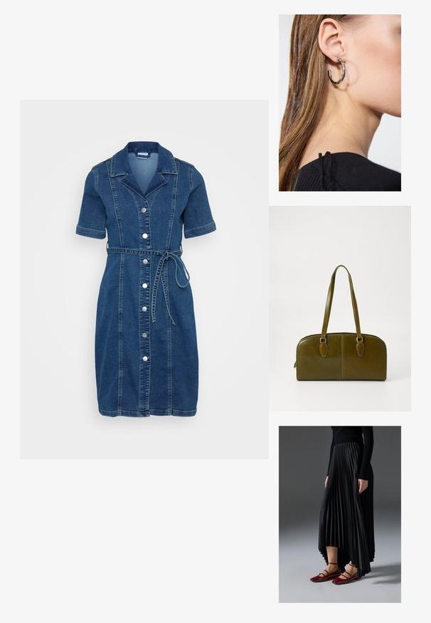 Denimkjole med korte ermer, kragehals, frontknapper og belte med knyt. Farge: mørk blå med ton-i-ton sømmer og glatt tekstur.; Svart plissert skjørt med høy-lav hem, kombinert med glansfulle røde leilisser med stroppedesign. Stoffet har en jevn tekstur.; Olivengrønn lærveske med rund form, doble håndtak og sømløft front. Har en jevn tekstur og subtile sømdetaljer.; Sølv ringøredob med en polert finish, med små gull detaljer og en rund form, båret på øreflippen.