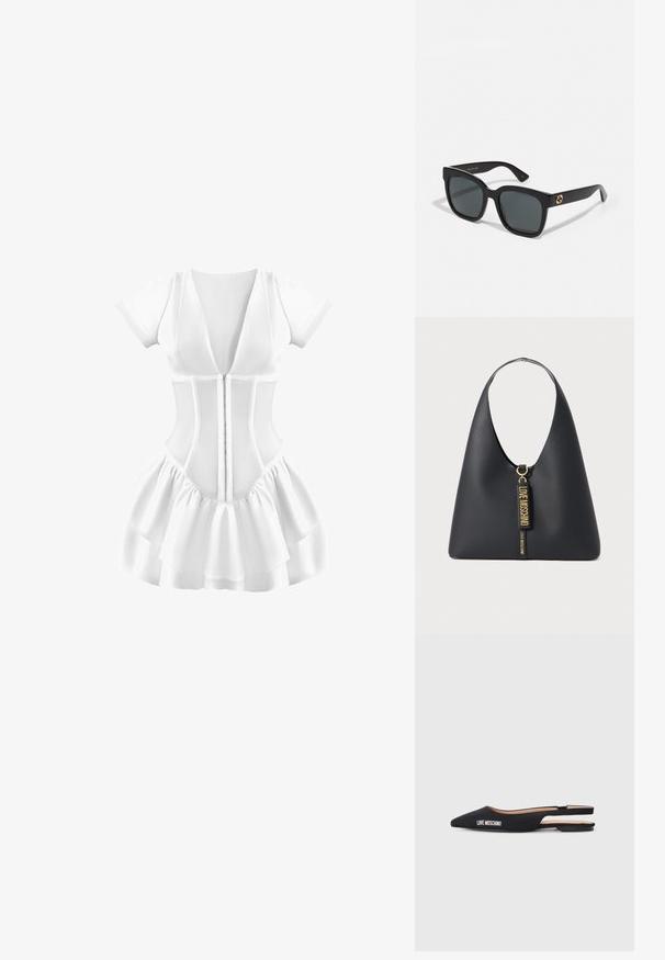 Hvid kjole med korte ærmer, dyb V-hals, tætsiddende overdel og lagdelt flæsekjole. Teksturstof med lynlås foran.; Sorte slingback flade sko med spidse tæer, lavet af glat materiale. Har hvid "LOVE MOSCHINO" branding og et minimalistisk design.; Sorte solbriller med rektangulære linser, der har en glansfuld finish og guld logo-accenter på stængerne. Mørkegrå linser giver UV-beskyttelse.; Sort læder skuldertaske med en bred rem, guld hardware, og to hængende mærker præget med "LOVE MOSCHINO" i guld bogstaver.