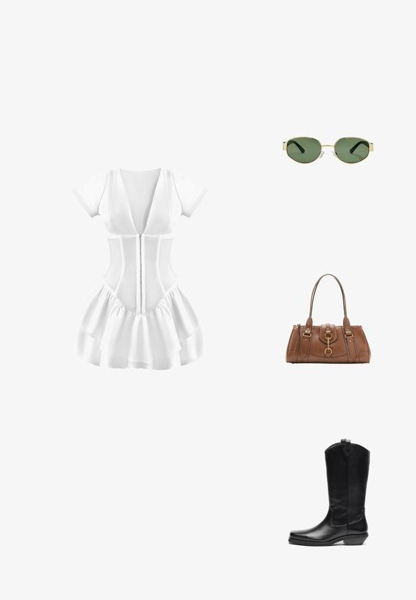 Robe blanche à manches courtes, décolleté en V profond, corsage ajusté et jupe à volants superposés. Tissu texturé avec fermeture éclair à l'avant.; Bottine cowboy en cuir noir mi-mollet avec un bout pointu, un talon incliné, une languette en haut et un minimalisme de broderies décoratives.; Lunettes de soleil avec monture en métal doré et verres teintés verts, de forme ovale, avec branches noires et plaquettes de nez transparentes. Design épuré et minimaliste.; Sac à main en cuir marron avec double poignées, accents en métal doré et design structuré. Il présente un rabat central avec un détail en boucle.