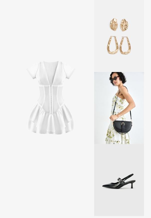 Weißes Kleid mit kurzen Ärmeln, tiefem V-Ausschnitt, tailliertem Oberteil und mehrlagigem Rüschenschoß. Strukturstoff mit Reißverschluss vorne.; Schwarze Lackleder Slingback-Absätze mit spitzem Zeh und kleinem Blockabsatz, ausgestattet mit einem silbernen Schnallenakzent am Riemen.; Schwarze Lederhandtasche mit geschwungener Form, abnehmbarem Tragegurt und goldenen Beschlägen. Die Tasche verfügt über einen Deckel mit einer Schnallen-Details.; Ohrringe in Goldoptik mit strukturierten, gewellten Formen. Beinhaltet skulpturale Clip-Ohrringe und ein offenes Hoop-Design mit gehämmertem Finish.