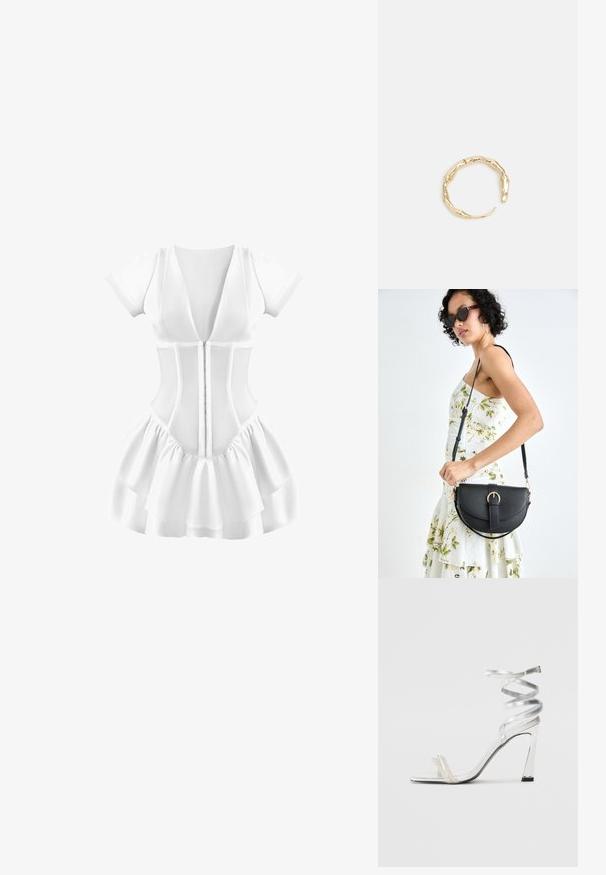 Hvid kjole med korte ærmer, dyb V-hals, tætsiddende overdel og lagdelt flæsekjole. Teksturstof med lynlås foran.; Sølv højhælede sandaler med et skinnende stropdesign, der har en perle-lignende detalje og en snoet ankelstrop for en sikker pasform.; Sort læderhåndtaske med en buet form, aftagelig rem og guldfinish. Tasken har en klap med en spænde detalje.; Guld-tone ring med et organisk, snoet design, glat overflade og affasede ender, hvilket skaber et moderne, skulpturelt udseende.