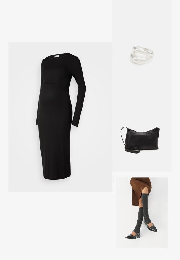 Svart ribbad gravidklänning med långa ärmar, rund halsringning och figurnära liv. Faller vackert över magen och slutar strax under knäet.; Svarta lackläderskor med spetsig tå, blockklack och ankelrem, i kombination med grå ribbade benvärmare och en brun mockakjol.; Svart läder axelväska med en slät yta, rundad form, justerbar rem och dragkedjestängning. Minimalistisk design utan utsmyckningar.; Silver ring med dubbel band och en slät, polerad yta. Har en flödande, böjd design med överlappande sektioner för en modern stil.