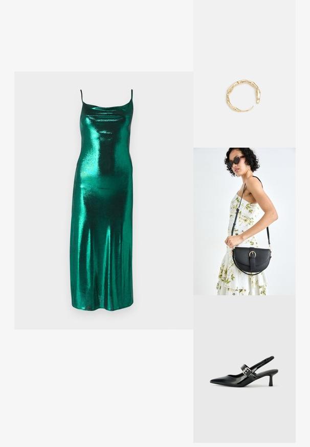 Metalna zelena satinirana haljina sa tankim trakama i drapiranim dekolteom, s uskim siluetom koja se spušta do srednje dužine.; Crne lakirane slingback potpetice s oštrim prstom i malom blok petom, s naglaskom na srebrnoj kopči na remenu.; Crna kožna torba s lukovitim oblikom, odvojivim remenom i zlatnim detaljima. Torba ima preklop s kopčom.; Prsten u zlatnoj nijansi s organskim, uvijenim dizajnom, glatkom teksturom i suženim krajevima, koji stvara moderan, skulpturalni izgled.