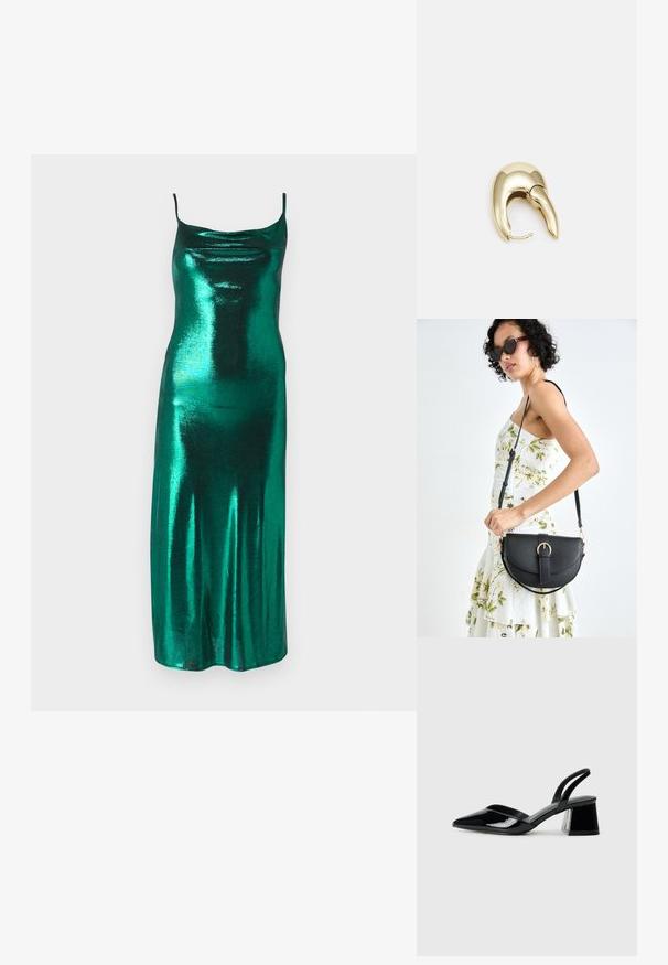 Fémes zöld selyem slip ruha vékony pántokkal és drapírozott köténynyakkal, testhez simuló sziluettje van, amely közepes hosszúságú szegéllyel végződik.; Fekete lakk bőr szandálkés magas sarkú cipő, hegyes orral és geometrikus tömbsarkakkal. Karcsú, minimalista dizájn és sima textúra jellemzi.; Fekete bőrtáska ívelt formával, levehető pánttal és arany színű fémrészekkel. A táskán egy csattal díszített fedél található.; Aranyszínű fém fülbevaló, elegáns, ívelt formával. Különleges hegyes alak, fényes felszín és zsanéros záródás jellemzi.