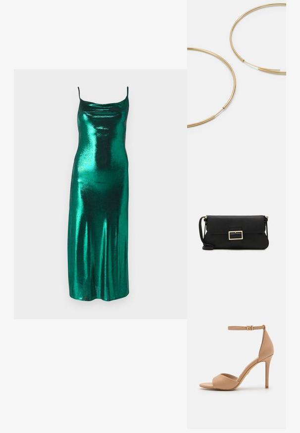 Metaliczna zielona satynowa sukienka w stylu slip z cienkimi ramiączkami i drapowanym dekoltem, charakteryzująca się dopasowaną sylwetką, która opada do długości midi.; ALDO CRERIDE beżowy; Czarna skórzana torebka kopertowa z klapką i detalem w postaci złotej metalowej klamry. Zawiera czarny pasek oraz elegancki, minimalistyczny design.; Złote kolczyki w kształcie cienkich okrągłych obręczy, o gładkim metalicznym wykończeniu, bez zdobień czy wzorów.