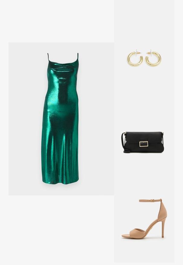 Metaliczna zielona satynowa sukienka w stylu slip z cienkimi ramiączkami i drapowanym dekoltem, charakteryzująca się dopasowaną sylwetką, która opada do długości midi.; ALDO CRERIDE beżowy; Czarna skórzana torebka kopertowa z klapką i detalem w postaci złotej metalowej klamry. Zawiera czarny pasek oraz elegancki, minimalistyczny design.; Złote kolczyki w kształcie kółek o gładkim, błyszczącym wykończeniu. Okrągły design z małym klipsem i przezroczystym zapięciem zapewniającym bezpieczne noszenie.