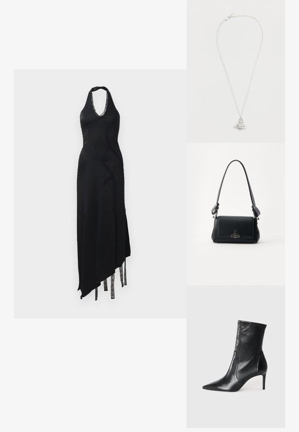 Čierne šaty s otvorenými ramenami a čipkovými detailmi, s asymetrickým lemom a rozparkom, vyrobené z hladkej tkaniny s elegantným strihom.; Čierne kotníkové topánky vyrobené z hladkej kože, s špicatou špičkou, priliehavým zvrškom aúzkym vysokým podpätkom. Minimalistický dizajn bez viditeľného kovania.; Čierna kožená kabelka s textúrovaným povrchom, obdĺžnikového tvaru, nastaviteľným popruhom a kovovým logom na prednej strane.; Strieborný náhrdelník s príveskom v tvare rakety, ktorý má okrúhly kameň podobný diamantu v strede a kruhovú základňu. Detailné a lesklé spracovanie.