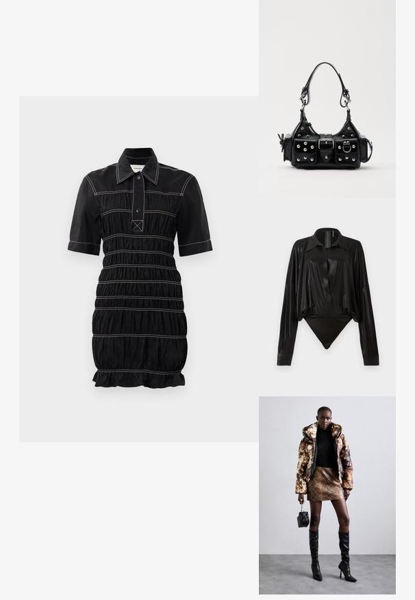 Czarna sukienka z krótkimi rękawami, zapięciem na guziki przy kołnierzy i marszczonym wykończeniem. Posiada kontrastowe białe szwy oraz falbaniasty dół.; Czarny bodysuit z długimi rękawami, dekoltem w serek i dopasowanym fasonem. Wykonany z błyszczącego, gładkiego materiału z usztywnionym kołnierzykiem i mankietami.; Kurtka puchowa w brązowo-czarny wzór, w połączeniu z brązową mini spódnicą w wężowy wzór, czarnymi wysokimi kozakami do kolan i małą czarną torebką.; Czarna skórzana torebka w zakrzywionym kształcie, z srebrnymi ćwiekami, klamrą i dwoma bocznymi kieszeniami. Regulowany pasek umożliwiający różne opcje noszenia.