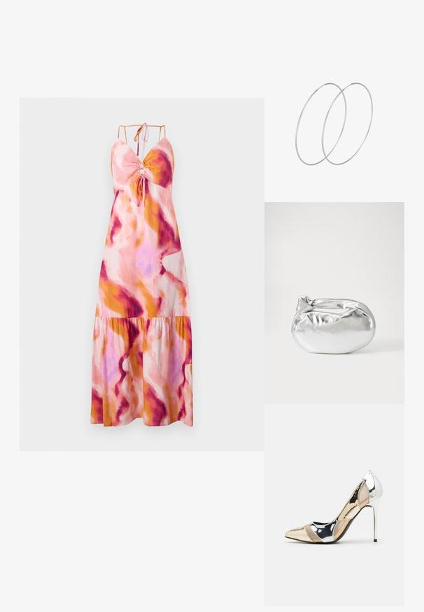 Maksivalkā ar izplūdušu apakšmalu, kurai ir rozā, oranžā un violetā abstrakta raksta dizains. Izgatavota no viegla auduma ar regulējamiem spageti plecu siksnām.; Apspīlēta augstpapēžu kurpe ar zeltītu, sudrabi un neitrālu krāsu kombināciju. Spīguļojoša virsma ar izgriezuma dizainu, aprīkota ar stiletto papēdi.; Sudraba metāliska poga somiņa ar mīkstu, noapaļotu formu un mezgla augšējo aizdari. Izgatavota no gludas mākslīgās ādas materiāla.; Sudraba gredzenveida auskari ar minimālistisku dizainu. Cirkulāra forma, gluda tekstūra un plāns profils. Vieglu svaru ar spīdīgu apdari.