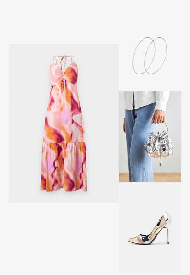 Maksijska obleka s širokim robom, ki ima abstrakten vzorec v rožnati, oranžni in vijolični barvi. Narejena je iz lahkotnega materiala z nastavljivimi tanjšimi naramnicami.; Čevlji z visoko peto in konico, v barvni kombinaciji srebrne, zlate in nude. Sijajna obdelava z izrezljanim dizajnom, z igličasto peto.; Srebrna torbica s paščki, okrašena s krožnim kovinskim ročajem; ima zategovanje s vrvico in verižne detajle, postavljena na svetlem denimu in belem blagu.; Srebrne uhane v obliki obroča z minimalističnim dizajnom. Krožna oblika, gladka tekstura in tanek profil. Lahki s poliranim zaključkom.