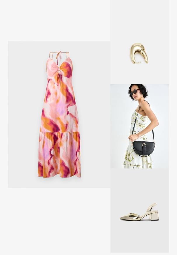 Maxikjole med flagrende kant, prydet med et abstrakt mønster i pink, orange og lilla. Lavet af letvægtsstof med justerbare spaghetti-stropper.; Gull, metallisk slingback-hæler med spiss tå og chunky hæl. Glatt tekstur, minimalistisk design og en smal stropp.; Svart lærveske med en buet form, avtagbar stropp og gullbeslag. Vesken har et klaff med spenne-detall.; Gullfarget metalløredobber med et elegant, buet design. Har en karakteristisk spiss form, polert overflate og hengsel-lukking.