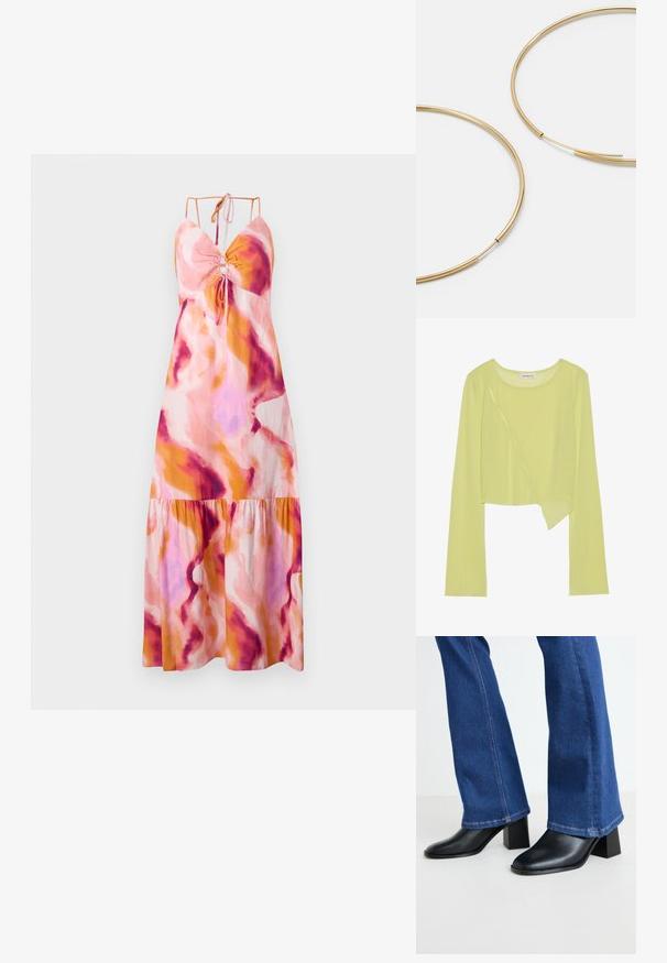 Maxi šaty s rozšířeným lemem, které mají abstraktní vzor v růžové, oranžové a fialové barvě. Vyrobeno z lehkého materiálu s nastavitelnými špagetovými ramínky.; Limetkově zelený dlouhý rukáv crop top s kulatým výstřihem a asymetrickým lemem. Lehká, žebrovaná textilie s dekorativními švy.; Černé kožené kotníkové boty se čtveratou špičkou a blokovým podpatkem, spárované s modrými džíny s rozšířenými nohavicemi a kontrastním šitím na lemu.; Zlaté kruhové náušnice, tenké a kulaté, s hladkým kovovým povrchem a bez zdobení či vzorů.