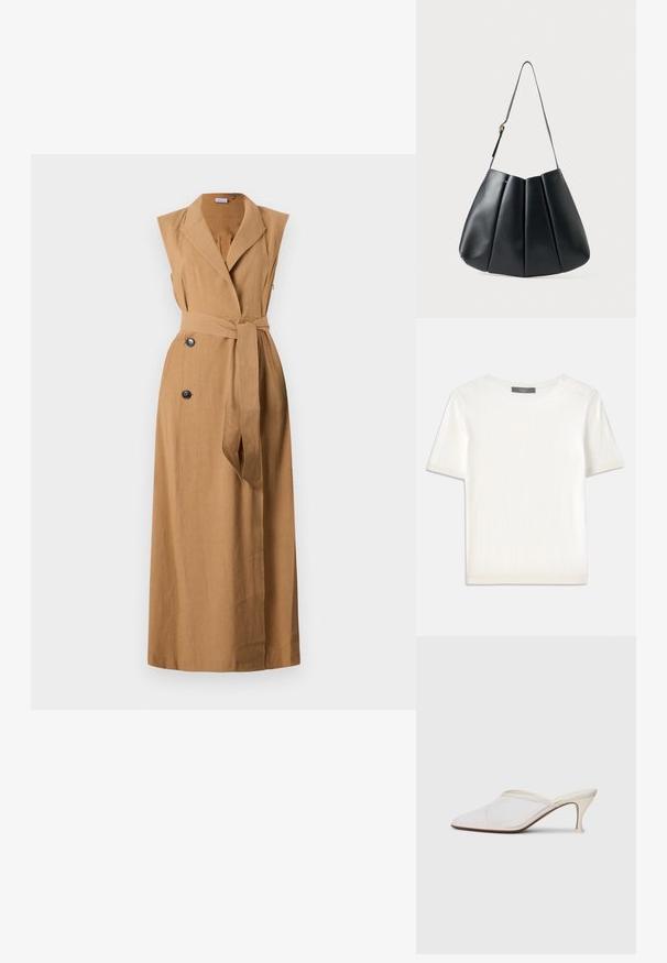 Marella DADA - Košilové šaty - daino; Bílý pletený top s krátkým rukávem a kulatým výstřihem, s hladkou strukturou a jemnými ribovými akcenty na rukávech a lemu.; Bílé síťované psací muly s špičatou špičkou, štíhlým středně vysokým podpatkem a designem na nazouvání na jednobarevném pozadí.; Černá kožená kabelka přes rameno s skládacím designem, hladkým povrchem, jedním popruhem a jemným zlatým kováním.