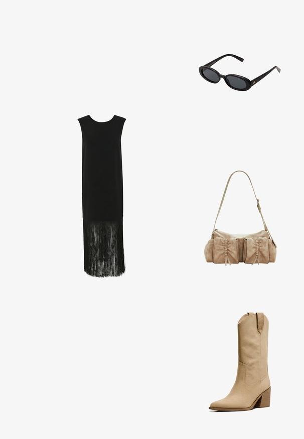 Svart klänning med ärmlös design, som har en rak silhuett och en franskant som tillför textur och rörelse i nederkant.; Bershka HIGH-HEEL - Cowboy- / Bikerboots - beige; Svarta överdimensionerade solglasögon med ovala linser, slät plastbåge och guldaccent på bågarna. Mörka linser ger solskydd.; Beige mockaskväska med rund form, med tre hopdragna fickor på framsidan och ett justerbart axelband.
