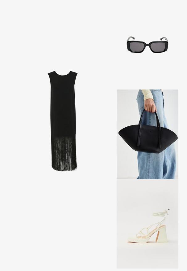 Crna haljina bez rukava, s ravnom siluetom i resastim rubom koji dodaje teksturu i pokret na dnu.; Bijela sandala na visokoj potpetici s debelim petom, s remenom i vezanjem oko gležnja. Glatka tekstura s platformom sprijeda za dodatnu visinu.; Crne pravokutne sunčane naočale s tamnim lećama, glatkim plastičnim okvirom i zakrivljenim državama. Dizajn je masivan s minimalističkom estetikom.; Crna kožna torba jedinstvenog oblika ventilatora, s ravnim ručkama. Površina ima teksturu sličnu šljunku i minimalistički dizajn.