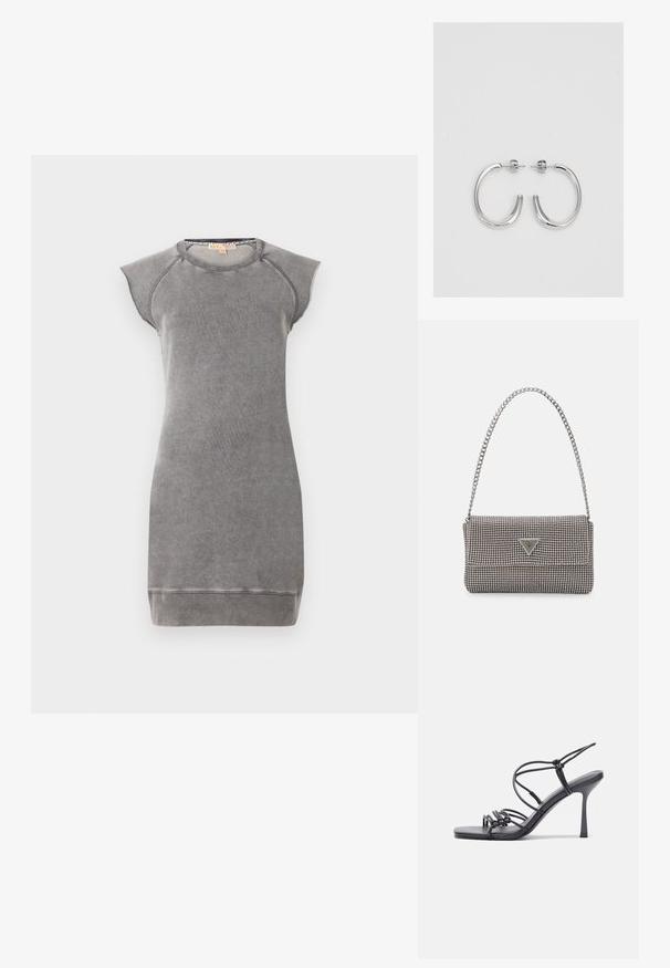 MICHAEL Michael Kors Dnevna obleka - concrete; Črne visoke sandale na peto imajo tanke naramnice z vozlom, gladek kvadratni toe in eleganten stiletto peto.; Svetlo siva kovinska torbica z verižnim ročajem, okrašena z majhnimi okroglimi kovinskimi bleščicami in trikotnim logotipom blagovne znamke.; Srebrne obročaste uhane z gladko, sijočo površino. Zaobljena oblika, lahka zasnova, z zapiranjem na zatič.