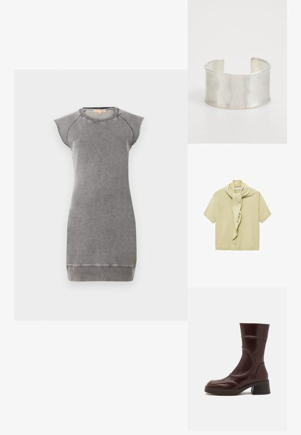 MICHAEL Michael Kors Dnevna haljina - concrete; Svijetlobejž kašmirna majica kratkih rukava s pričvršćenim detaljem šal koji pada oko izreza.; MIISTA MALENE - Klasične gležnjače - brown; Zign Narukvica - silver-coloured