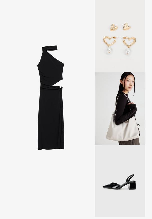 Zwarte, een-schouder jurk van gladde stof. Kenmerkt een gedrapeerd ontwerp en asymmetrische snit ter hoogte van de taille, cinched met zijdetails.; Zwarte gepatineerde leren slingback hakken met een spitse neus en een geometrische blokhak. Kenmerkt zich door een slank, minimalistisch ontwerp en een gladde textuur.; Beige handtas gemaakt van zacht materiaal, met een slonzig ontwerp, gestikte details en twee schouderbanden. Geschikt voor dagelijks gebruik.; Goudkleurige, hartvormige oorbellen met een gestructureerde afwerking, voorzien van een hangende parelaccent. Inclusief bijpassende hartvormige studs.