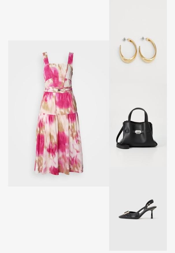 Bezramenné midi šaty v růžovém, krémovém a hnědém batikovaném vzoru. Mají přiléhavý pas, rozšířenou sukni a jemnou strukturu.; Černá kožená slingback obuv s špičatou špičkou, štíhlým podpatkem a akcenty zlaté barvy na vředu. Hladká textura a strukturovaný design.; Černá kožená kabelka s texturovaným povrchem, vybavená dvěma horními uchy, odnímatelným ramenním popruhem a stříbrným detailem s uzávěrem.; Zlaté kroužkové náušnice s hladkým, zakřiveným designem. Vyrobené z kovu, mají elegantní povrchovou úpravu a uzávěr s hrotem.