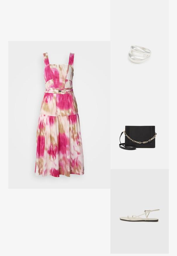 Ärmeles klänning i midi-längd med rosa, krämfärgad och brun tie-dye-mönster. Har en åtsittande midja, utsvängd kjol och subtil textur.; Beige platt sandal med flera smala remmar och ett justerbart spänne. Sulan är platt med en lätt mörk kontrast vid kanten.; Svart läder crossbody-väska med en slät yta, rektangulär form och metallickedjedetalj på framsidan. Justerbar rem ingår.; Silver ring med dubbel band och en slät, polerad yta. Har en flödande, böjd design med överlappande sektioner för en modern stil.