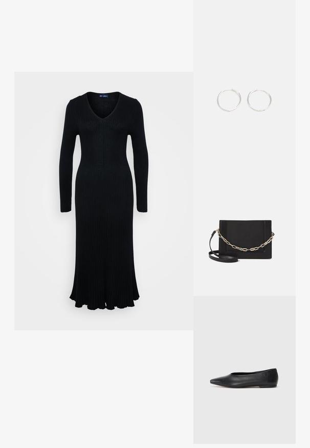 Juoda, raukšlėta, ilgomis rankovėmis su V formos iškirpte ir platesniu apvadu. Audinys atrodo tekstūruotas, siūlantis prigludusią siluetą, kuris siekia kulkšnis.; Juodas odinis baleto batas, su smailiu pirštu, minimalistinio dizaino, lygiu paviršiumi, žemo profilio kulnu, be matomos aparatūros ar papuošimų.; Juodas odinis per petį nešiojamas krepšys turi lygų paviršių, stačiakampio formą ir metalinę grandinėlę priekyje. Pridedama reguliuojama dirželis.; Sidabrinės auskarai žiedai su sėslia, apvalia forma, pasižymintys lygia paviršiumi ir be matomų puošmenų. Svoris nenurodytas.